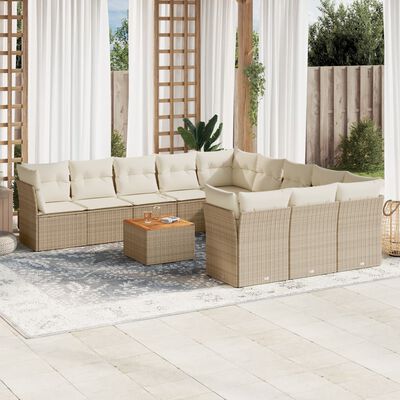 vidaXL 12-tlg. Garten-Sofagarnitur mit Kissen Beige Poly Rattan