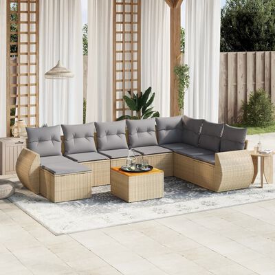 vidaXL 9-tlg. Garten-Sofagarnitur mit Kissen Beige Poly Rattan