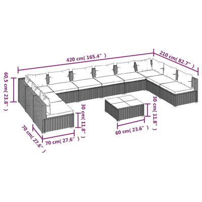 vidaXL 11-tlg. Garten-Lounge-Set mit Kissen Poly Rattan Grau