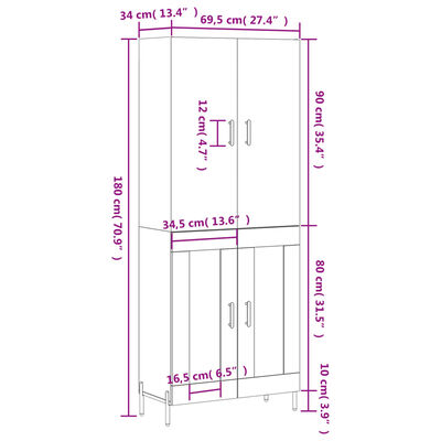 vidaXL Highboard Weiß 69,5x34x180 cm Holzwerkstoff