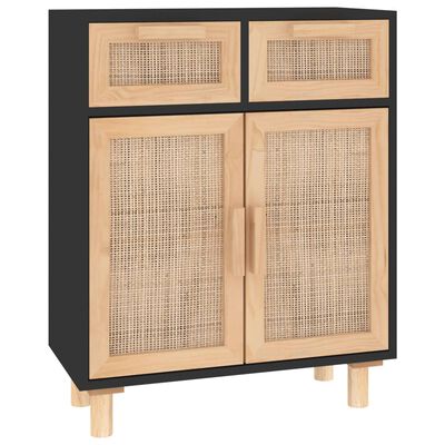 vidaXL Sideboard Schwarz 60x30x75cm Massivholz Kiefer und Natur-Rattan