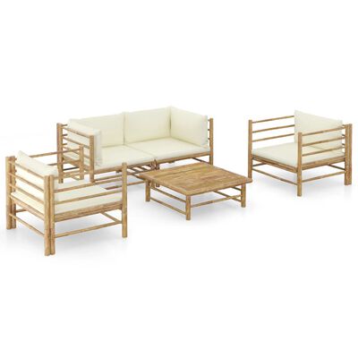 vidaXL 5-tlg. Garten-Lounge-Set mit Cremeweißen Kissen Bambus