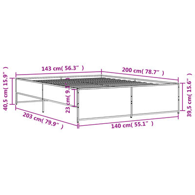 vidaXL Bettgestell Grau Sonoma 140x200 cm Holzwerkstoff und Metall