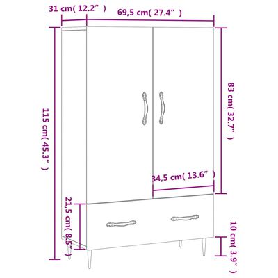 vidaXL Highboard Hochglanz-Weiß 69,5x31x115 cm Holzwerkstoff