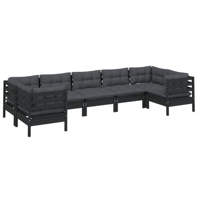 vidaXL 7-tlg. Garten-Lounge-Set mit Kissen Schwarz Kiefernholz