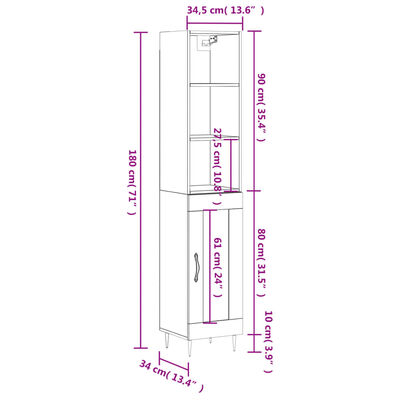 vidaXL Highboard Betongrau 34,5x34x180 cm Holzwerkstoff