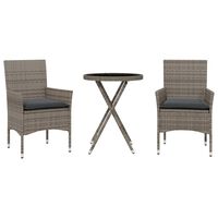 vidaXL 3-tlg. Bistro-Set mit Kissen Grau Poly Rattan und Glas