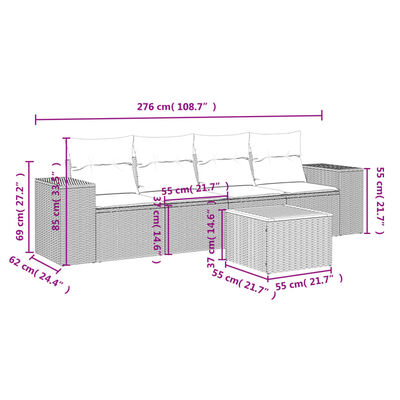 vidaXL 5-tlg. Garten-Sofagarnitur mit Kissen Schwarz Poly Rattan