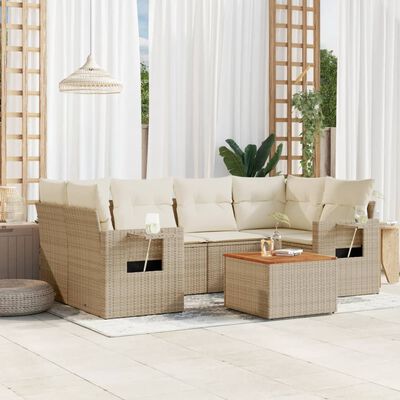 vidaXL 7-tlg. Garten-Sofagarnitur mit Kissen Beige Poly Rattan