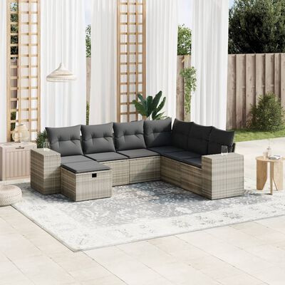 vidaXL 7-tlg. Garten-Sofagarnitur mit Kissen Hellgrau Poly Rattan