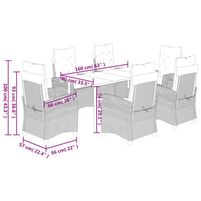 vidaXL 7-tlg. Garten-Essgruppe mit Kissen Braun Poly Rattan