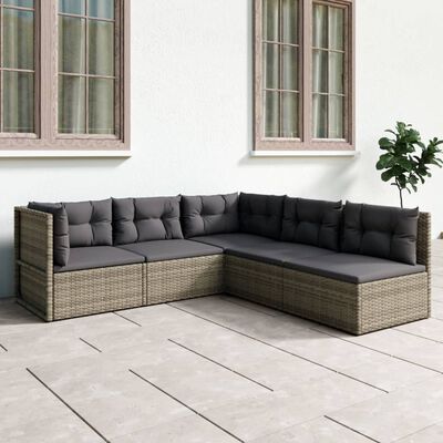 vidaXL 5-tlg. Garten-Lounge-Set mit Kissen Grau Poly Rattan