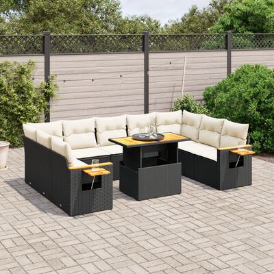 vidaXL 11-tlg. Garten-Sofagarnitur mit Kissen Schwarz Poly Rattan