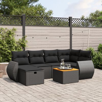 vidaXL 7-tlg. Garten-Sofagarnitur mit Kissen Schwarz Poly Rattan