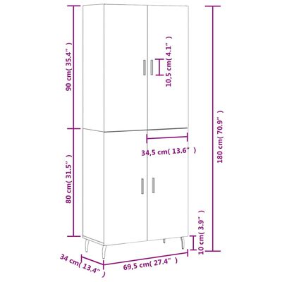 vidaXL Highboard Grau Sonoma 69,5x34x180 cm Holzwerkstoff