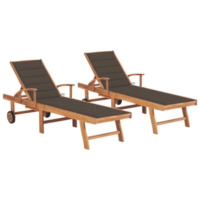 vidaXL Sonnenliegen 2 Stk. mit Auflagen Taupe Massivholz Teak