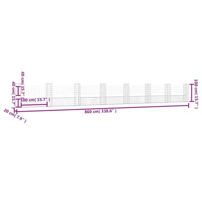 vidaXL Gabionenkorb U-Form mit 8 Säulen Eisen 860x20x100 cm