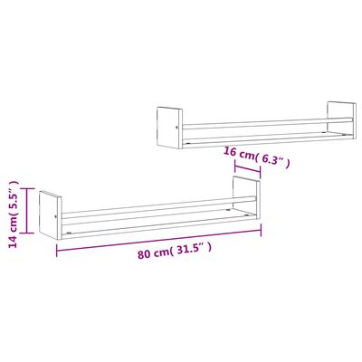 vidaXL Wandregale mit Stangen 2 Stk. Grau Sonoma 80x16x14 cm