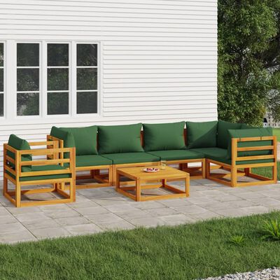 vidaXL 7-tlg. Garten-Lounge-Set mit Grünen Kissen Massivholz