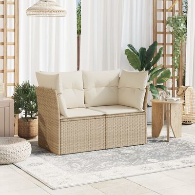 vidaXL Gartensofa mit Kissen 2-Sitzer Beige Poly Rattan