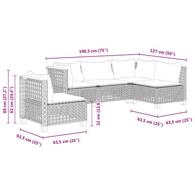 vidaXL 5-tlg. Garten-Sofagarnitur mit Kissen Schwarz Poly Rattan