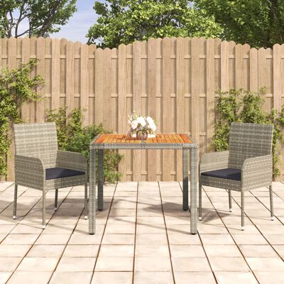 vidaXL 3-tlg. Garten-Essgruppe mit Kissen Grau Poly Rattan