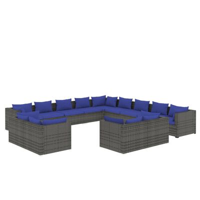 vidaXL 13-tlg. Garten-Lounge-Set mit Kissen Grau Poly Rattan