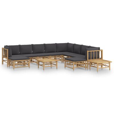 vidaXL 12-tlg. Garten-Lounge-Set mit Dunkelgrauen Kissen Bambus