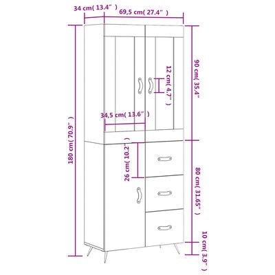 vidaXL Highboard Schwarz 69,5x34x180 cm Holzwerkstoff