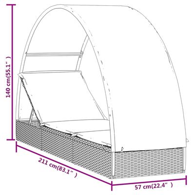 vidaXL Sonnenliege mit Runddach Schwarz 211x57x140 cm Poly Rattan