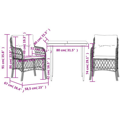 vidaXL 3-tlg. Bistro-Set mit Kissen Hellgrau Poly Rattan