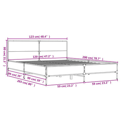 vidaXL Bettgestell Braun Eichen-Optik 120x200 cm Holzwerkstoff Metall