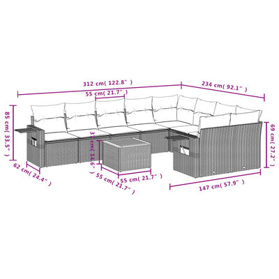 vidaXL 10-tlg. Garten-Sofagarnitur mit Kissen Beige Poly Rattan