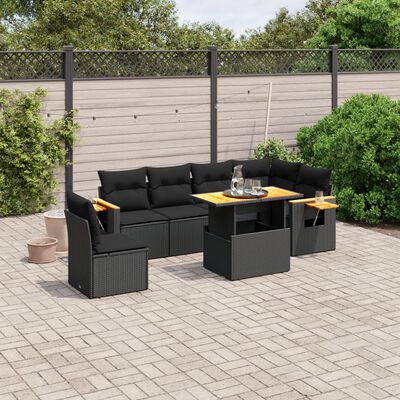 vidaXL 7-tlg. Garten-Sofagarnitur mit Kissen Schwarz Poly Rattan