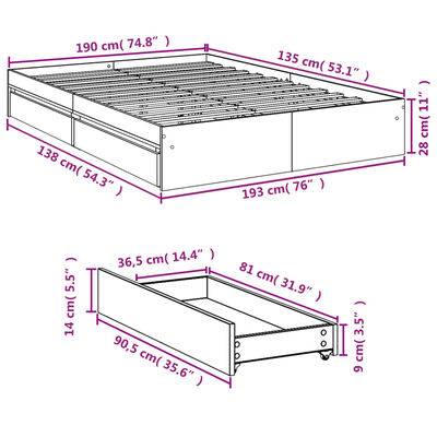 vidaXL Bettgestell mit Schubladen Grau Sonoma 135x190 cm Holzwerkstoff