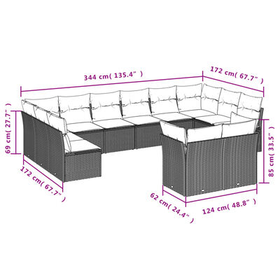 vidaXL 12-tlg. Garten-Sofagarnitur mit Kissen Braun Poly Rattan