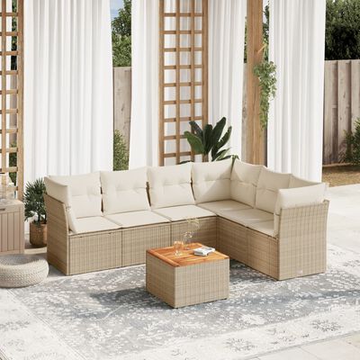 vidaXL 7-tlg. Garten-Sofagarnitur mit Kissen Beige Poly Rattan