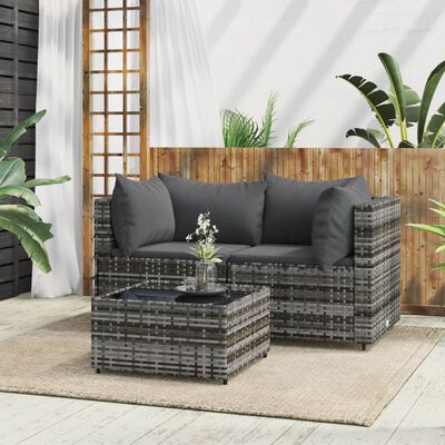 vidaXL 3-tlg. Garten-Lounge-Set mit Kissen Grau Poly Rattan