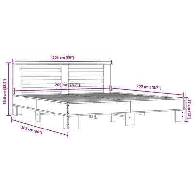 vidaXL Bettgestell Grau Sonoma 200x200 cm Holzwerkstoff und Metall