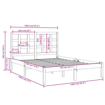 vidaXL Massivholzbett Schwarz 135x190 cm