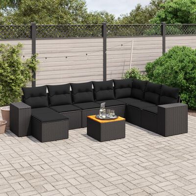 vidaXL 9-tlg. Garten-Sofagarnitur mit Kissen Schwarz Poly Rattan