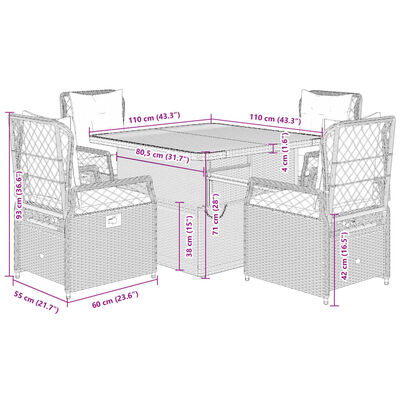 vidaXL 5-tlg. Garten-Essgruppe mit Kissen Beige Poly Rattan