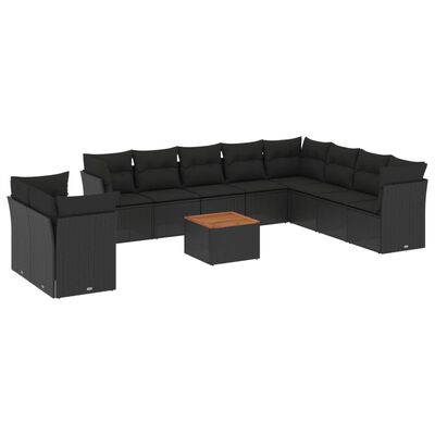 vidaXL 11-tlg. Garten-Sofagarnitur mit Kissen Schwarz Poly Rattan