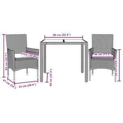 vidaXL 3-tlg. Garten-Essgruppe mit Kissen Braun Poly Rattan Glas