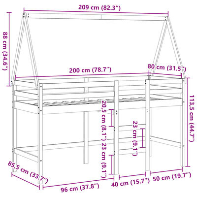 vidaXL Hochbett mit Leiter und Dach 80x200 cm Massivholz Kiefer