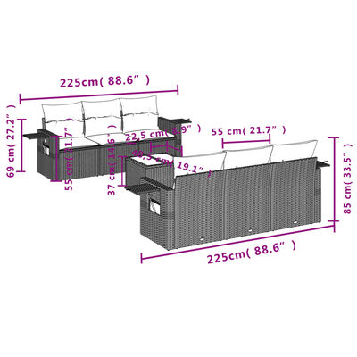 vidaXL 7-tlg. Garten-Sofagarnitur mit Kissen Schwarz Poly Rattan