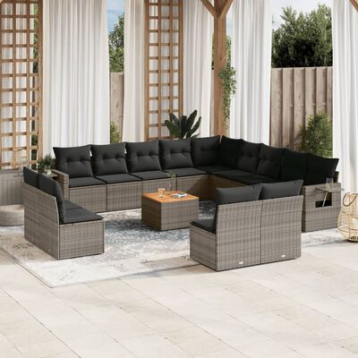 vidaXL 14-tlg. Garten-Sofagarnitur mit Kissen Grau Poly Rattan