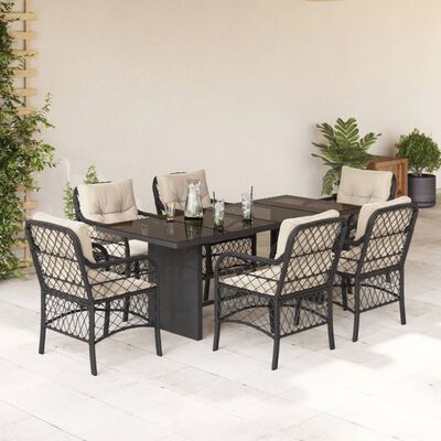 vidaXL 7-tlg. Garten-Essgruppe mit Kissen Schwarz Poly Rattan