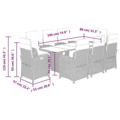 vidaXL 9-tlg. Garten-Essgruppe mit Kissen Beige Poly Rattan