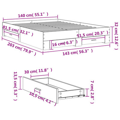 vidaXL Bettgestell mit Schubladen Sonoma-Eiche 140x200cm Holzwerkstoff